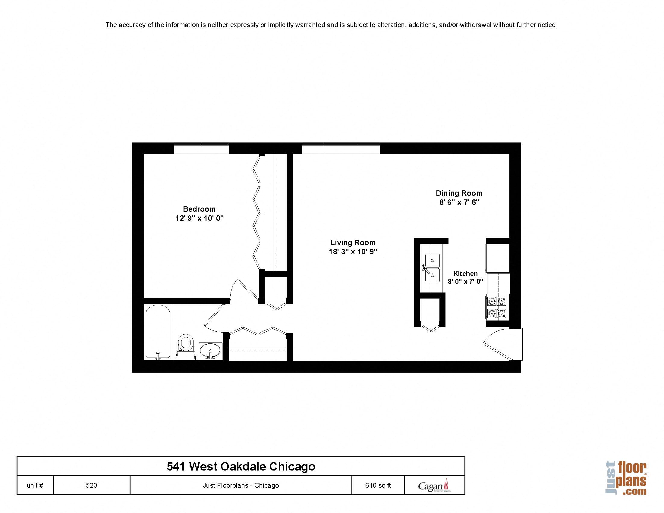 Floor plan for 1 bed, 1 bath, 610 sqft